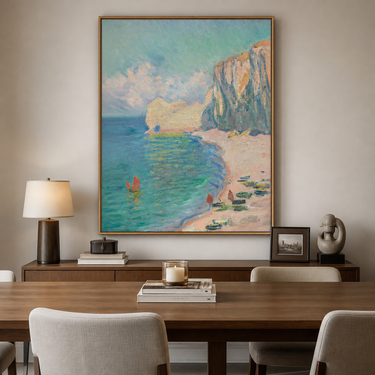 Turquoise cove with small boats, a pale peach beach, and tall sunlit coastal cliffs, shown in a room setting
