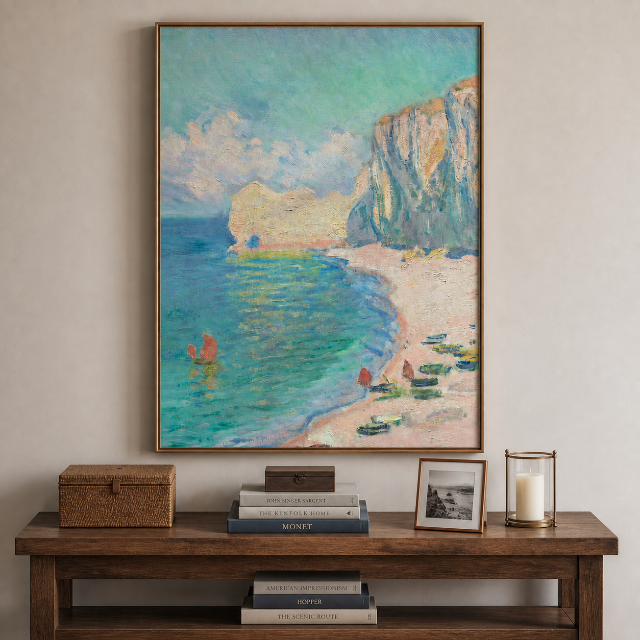 Turquoise cove with small boats, a pale peach beach, and tall sunlit coastal cliffs, shown in a room setting