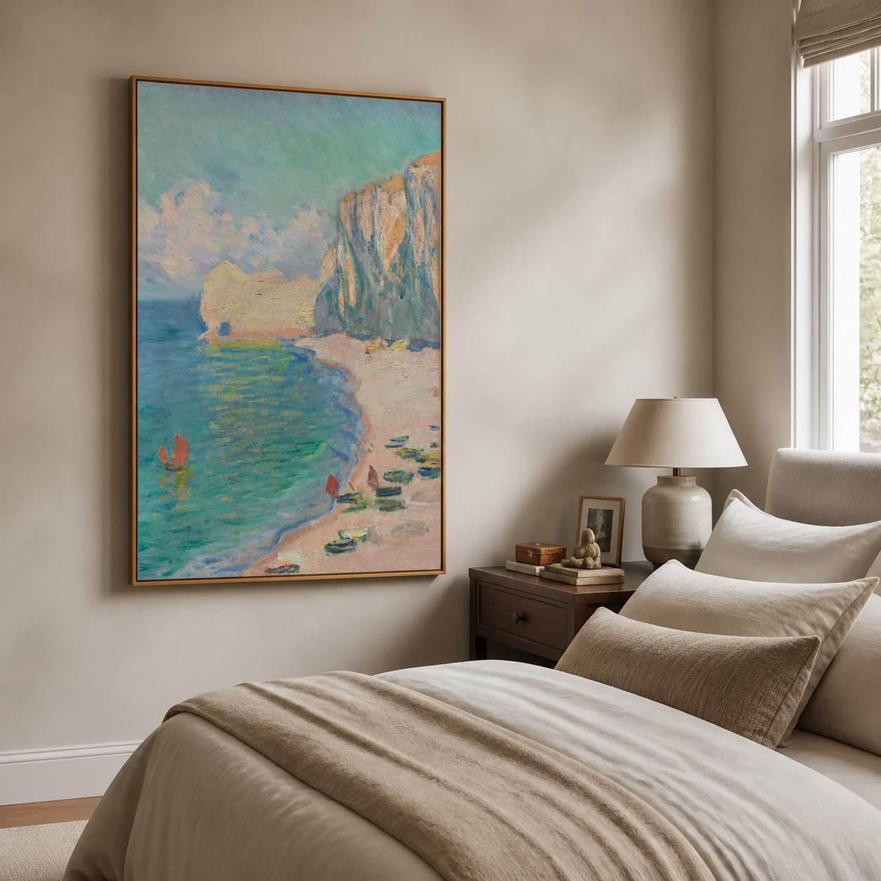 Turquoise cove with small boats, a pale peach beach, and tall sunlit coastal cliffs, shown in a room setting