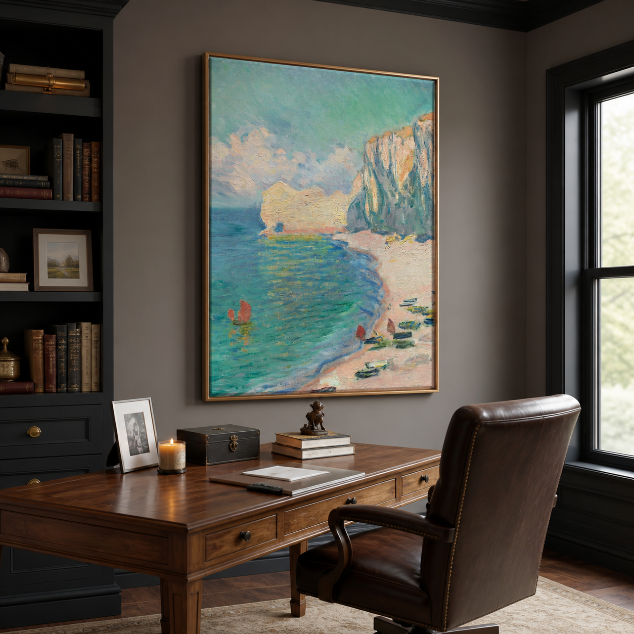 Turquoise cove with small boats, a pale peach beach, and tall sunlit coastal cliffs, shown in a room setting