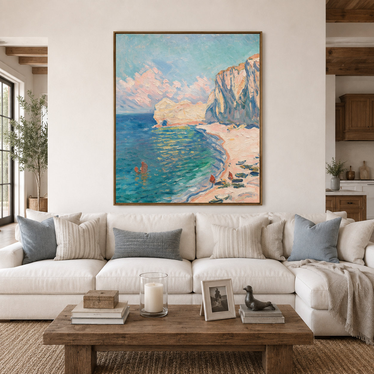 Turquoise cove with small boats, a pale peach beach, and tall sunlit coastal cliffs, shown in a room setting