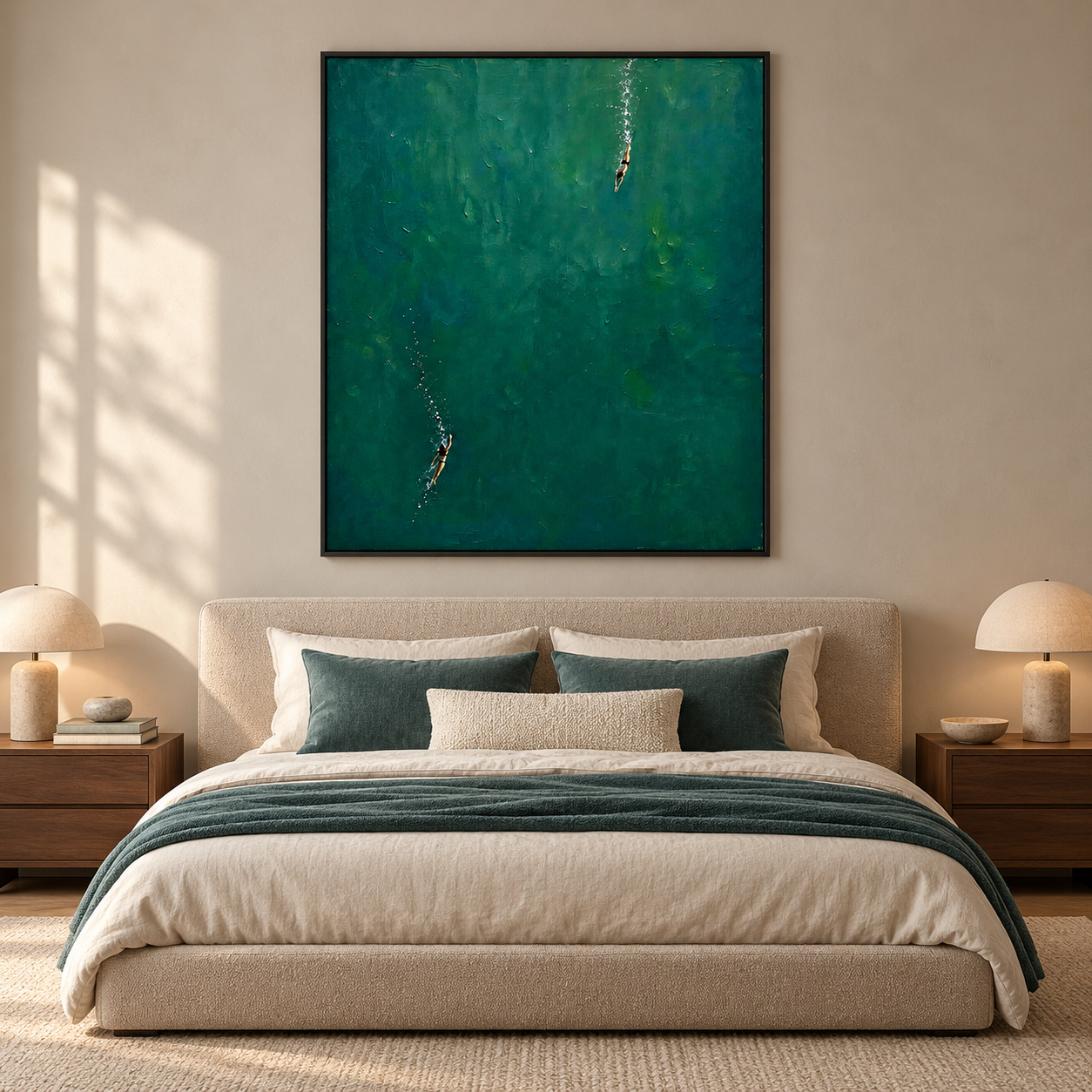 Two small swimmers seen from above in emerald and teal water with pale trails, displayed in a room setting