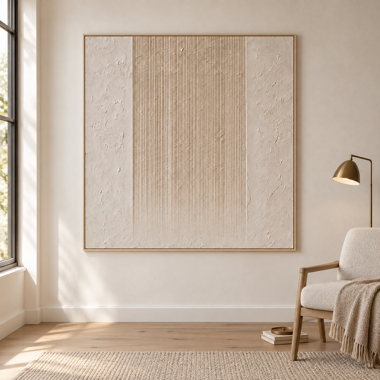 Fine vertical lines descending through the center of a warm ivory square abstract composition, shown in a room setting