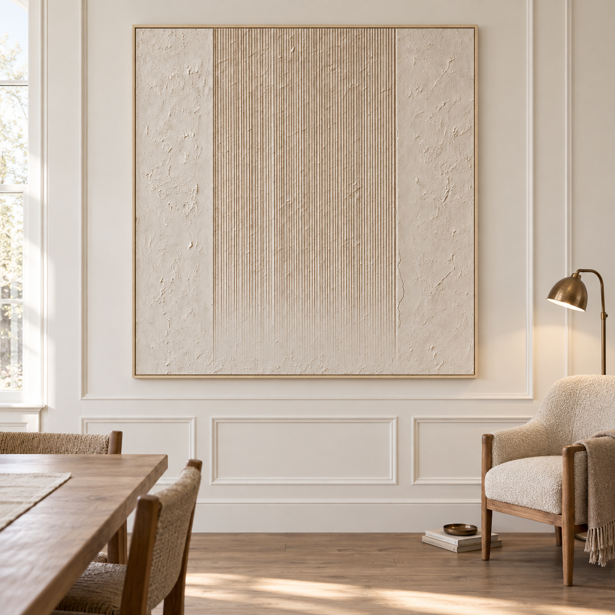 Fine vertical lines descending through the center of a warm ivory square abstract composition, shown in a room setting