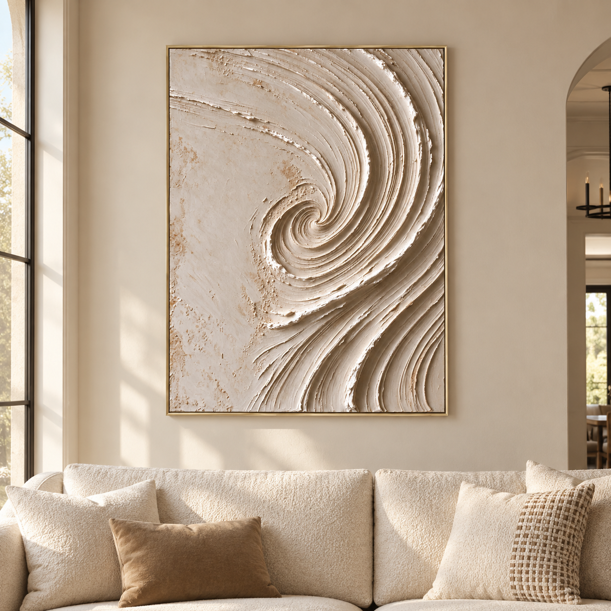 Warm ivory wave curling into a spiral with beige shadows on a pale background, shown in a room setting