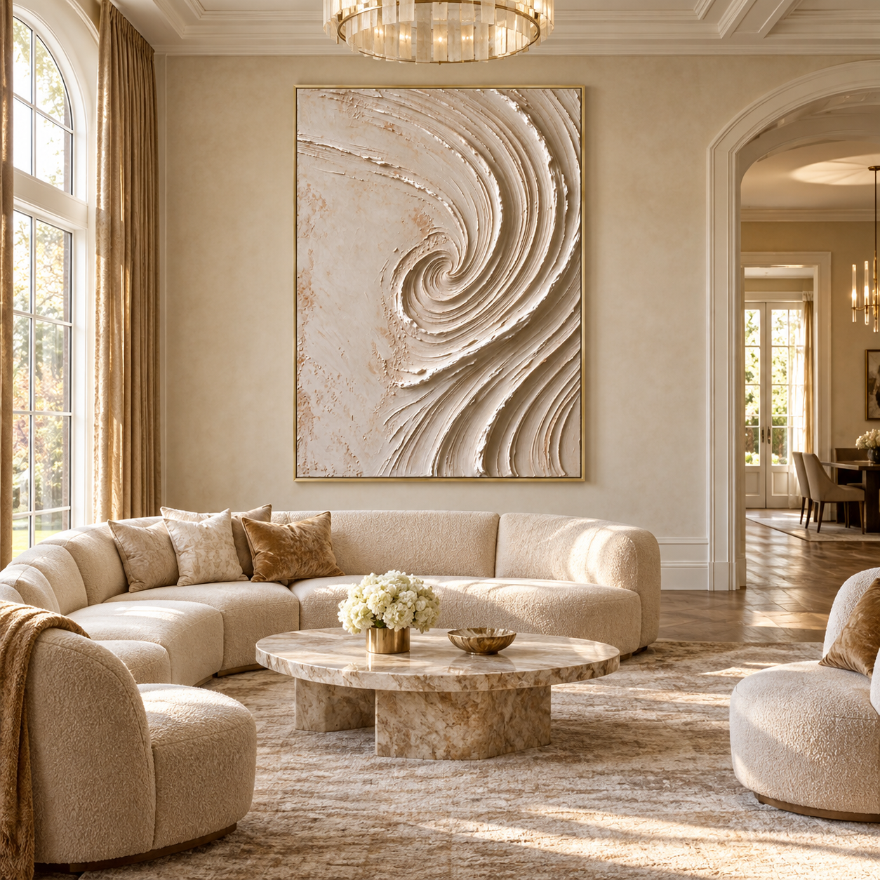 Warm ivory wave curling into a spiral with beige shadows on a pale background, shown in a room setting