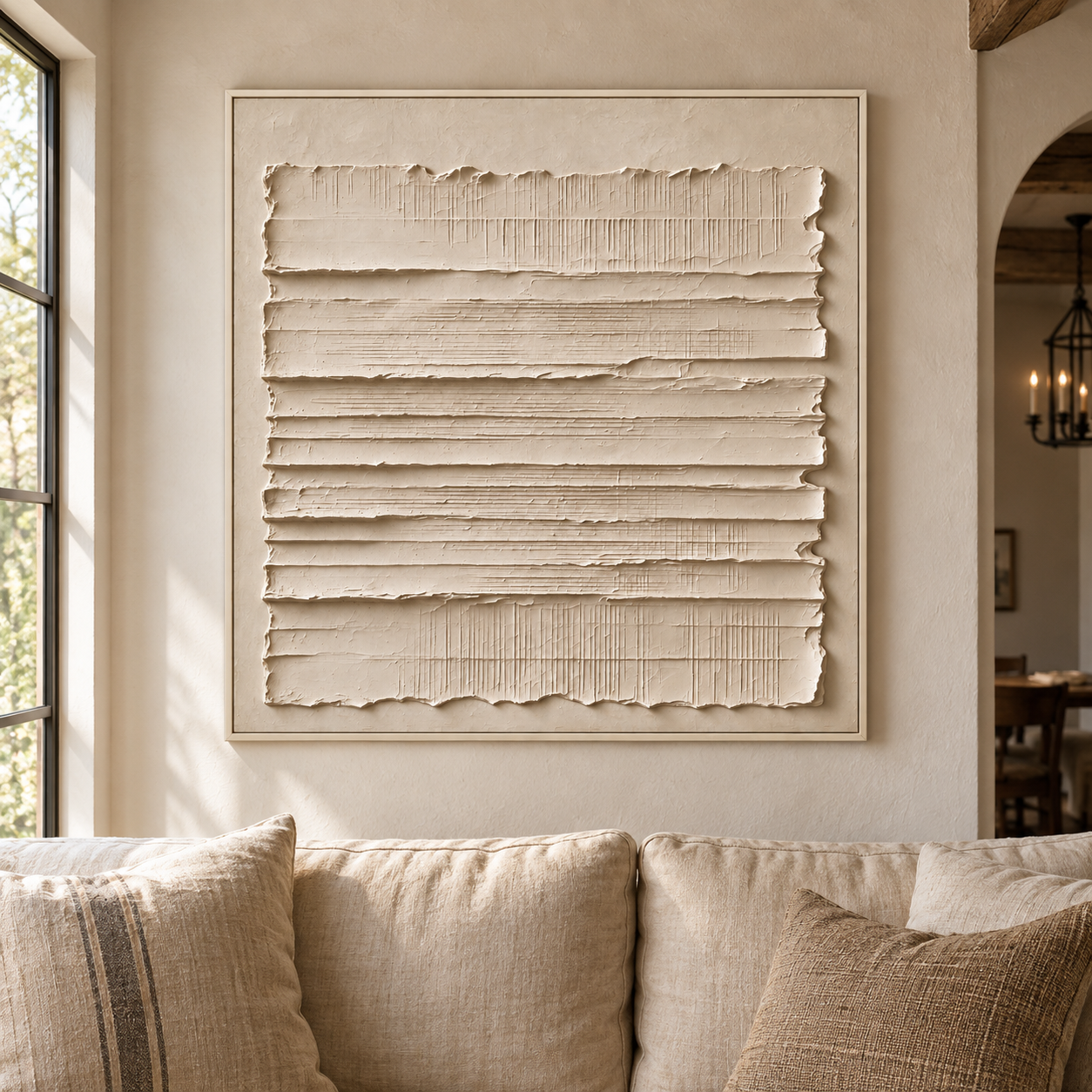 Uneven warm ivory horizontal bands with fine crosshatched lines on a cream field, shown in a room setting
