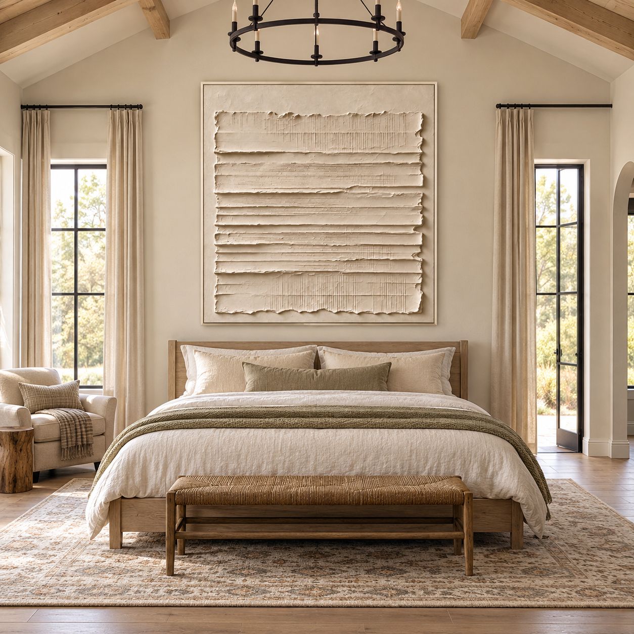 Uneven warm ivory horizontal bands with fine crosshatched lines on a cream field, shown in a room setting