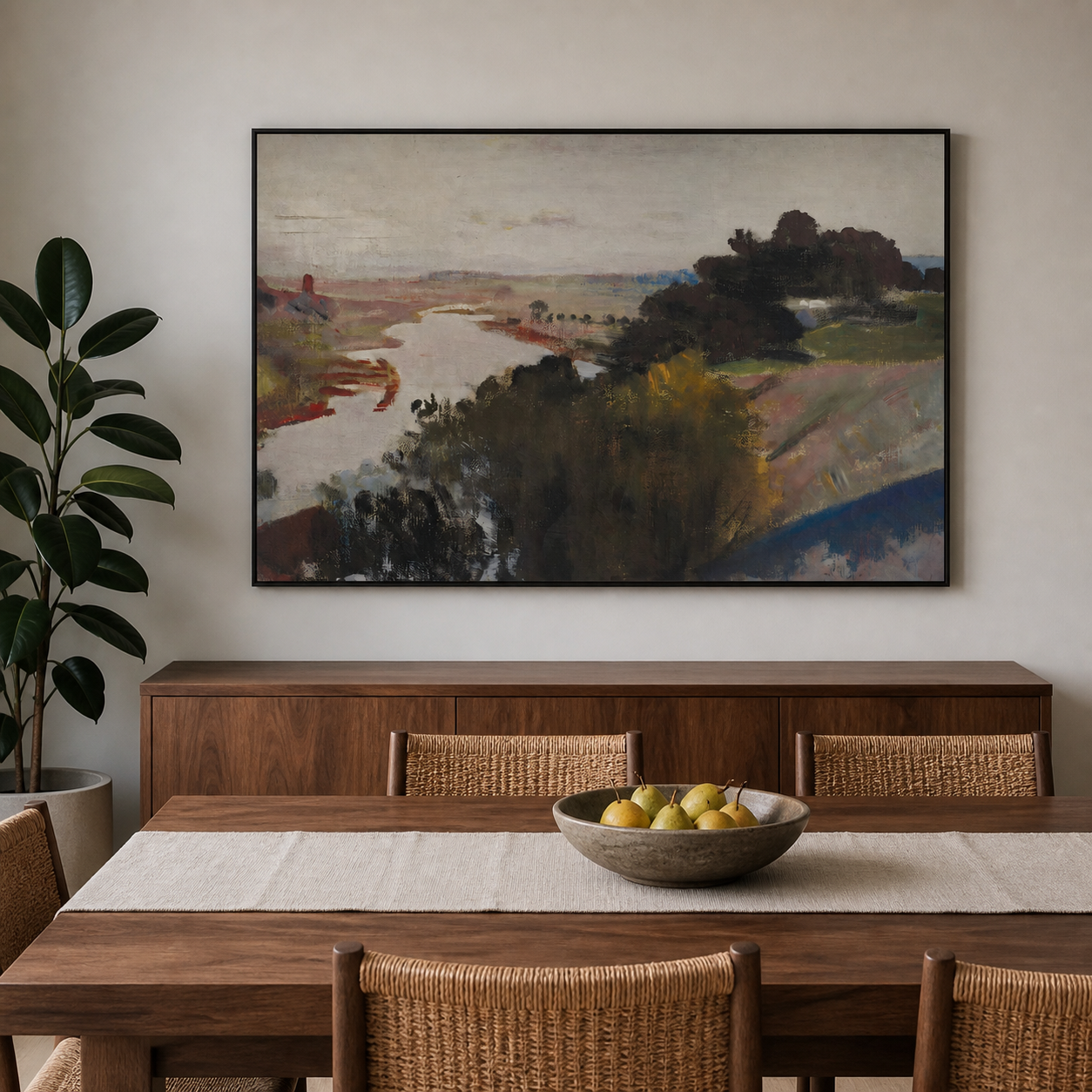 A winding pale river through muted rust and olive countryside with dark trees and a gray sky, shown in a room setting