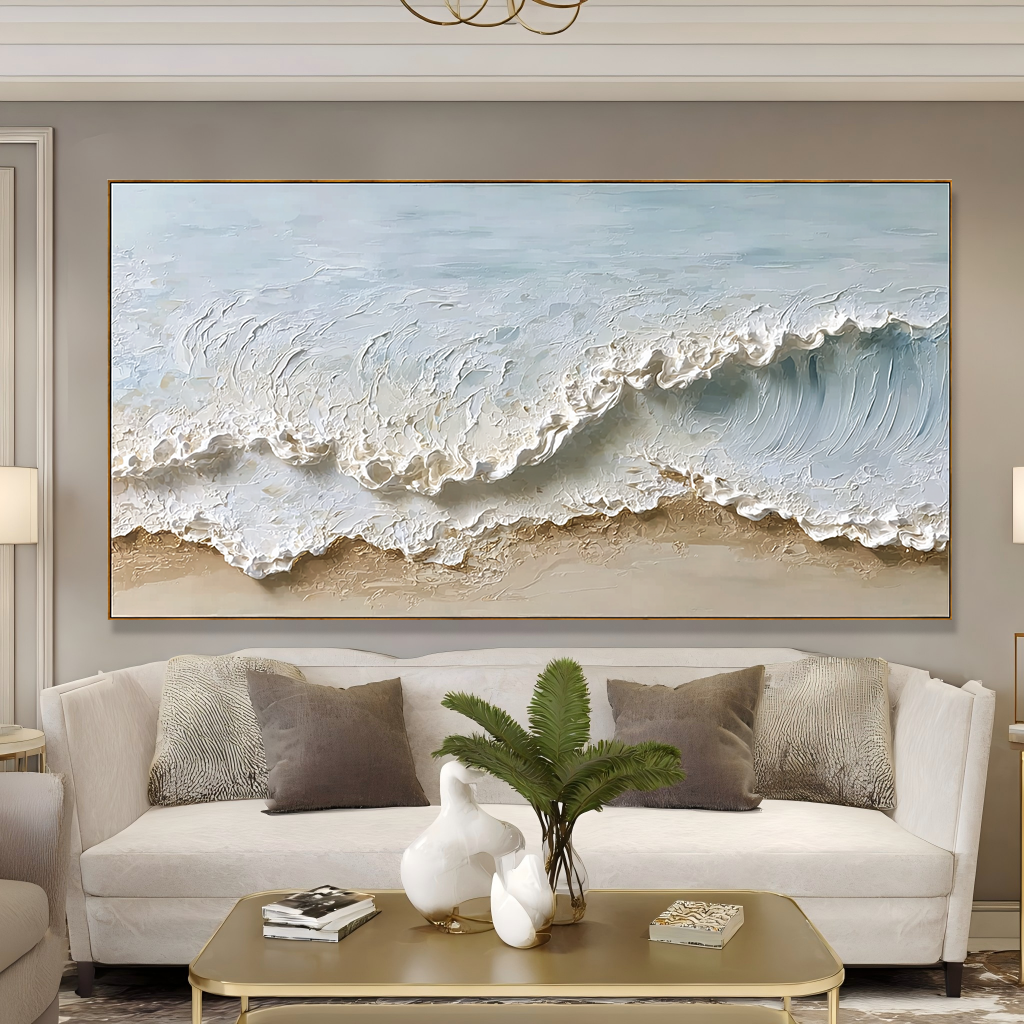 Silver Crest – Textured Ocean Wave Wall Art – Hand Painted Coastal Canvas