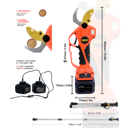 T TOVIA Cordless Pruner Kit, 1.2'' Electric Pruning Shears with 75 Inch Foldable Extension Pole, 2 Pack 21V Rechargeable Batteries, Power Pruner for Gardening, Tree Trimming-T TOVIA Offical Online Store