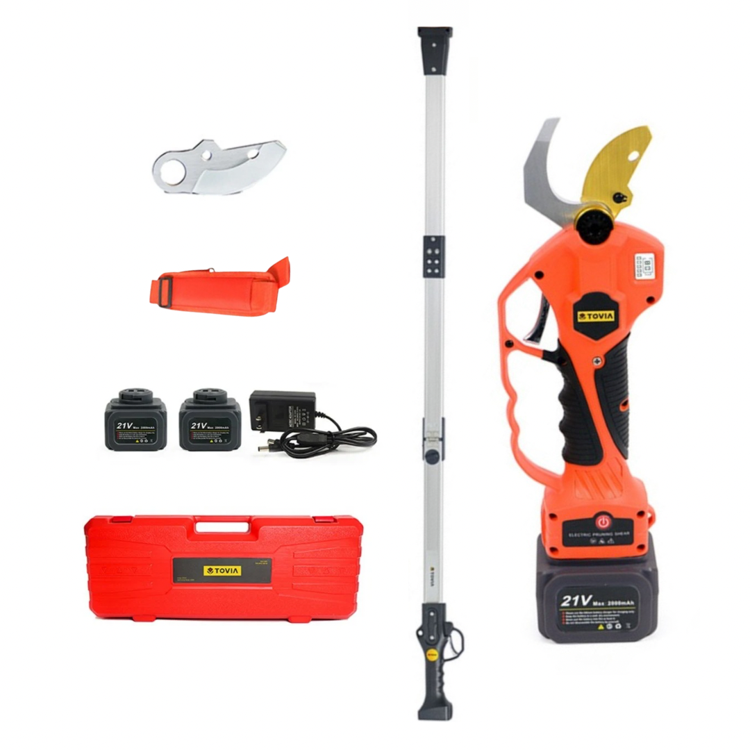 T TOVIA Cordless Pruner Kit, 1.2'' Electric Pruning Shears with 75 Inch Foldable Extension Pole, 2 Pack 21V Rechargeable Batteries.