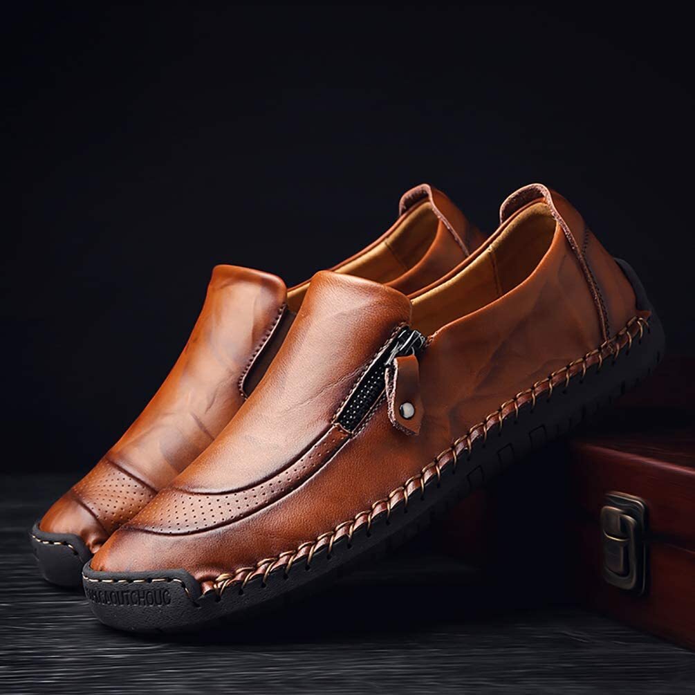 Mens Side Zipper Casual Comfy Leather Slip On Loafers, Comfy Orthopedic Walking Shoes