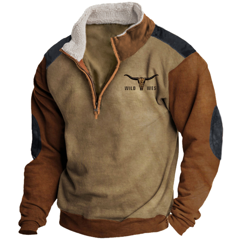 Men's Vintage Western Cowboy Colorblock Zipper Stand Collar Sweatshirt