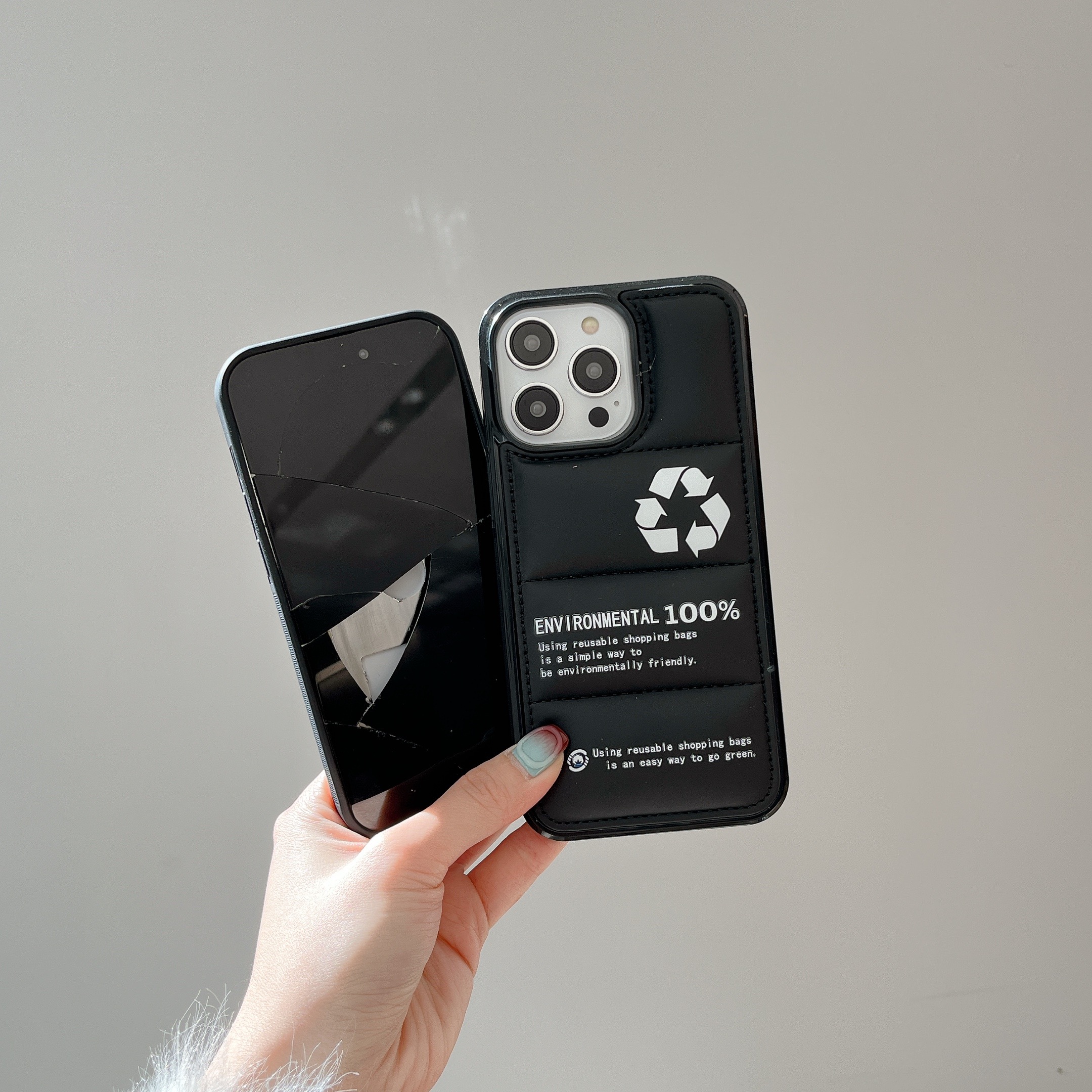 Creative Recyclable Labels Puffer Phone Case For iPhone Black-XHB241206