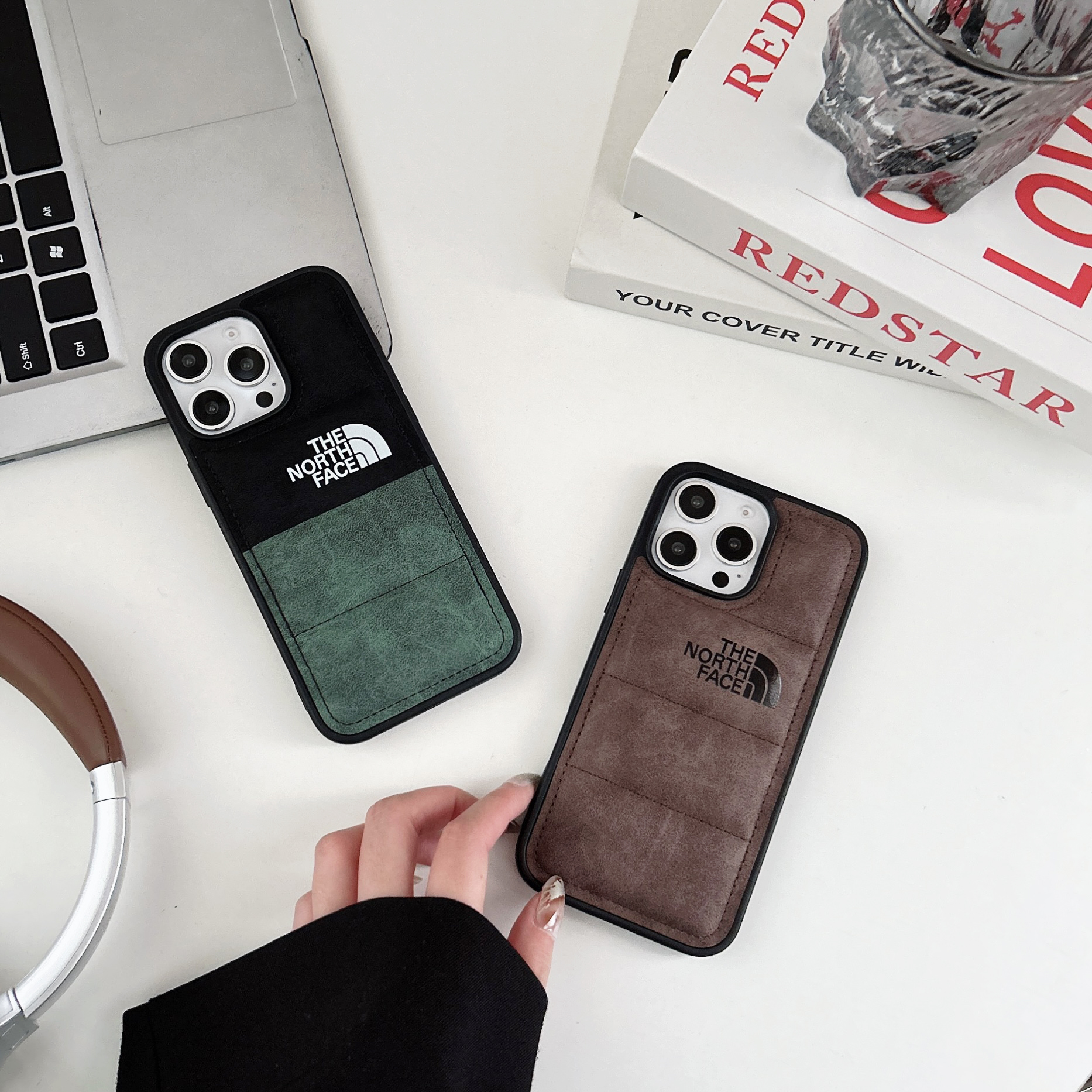TNF Antler Skin Leather Puffer Phone Case For iPhone Double Green-LRP241755