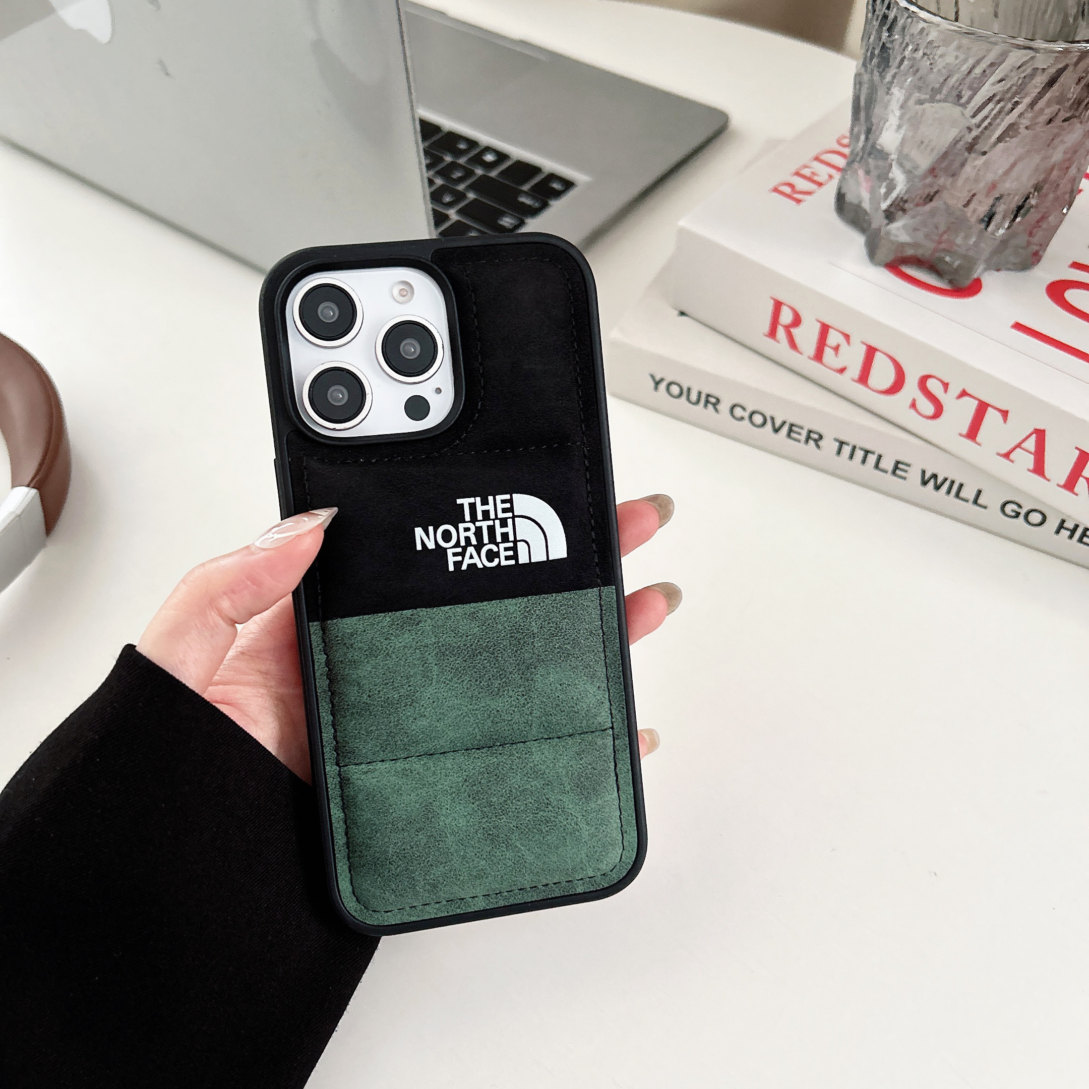 TNF Antler Skin Leather Puffer Phone Case For iPhone Double Green-LRP241755