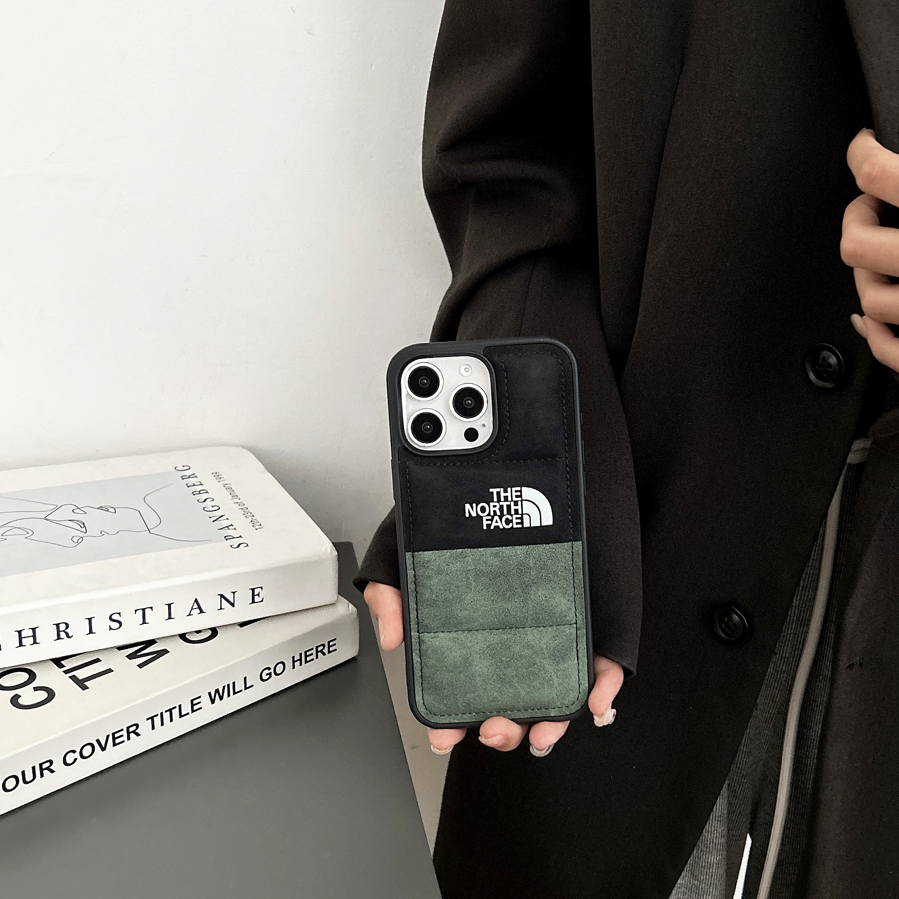 TNF Antler Skin Leather Puffer Phone Case For iPhone Double Green-LRP241755