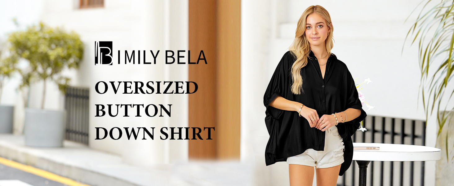 Imily Bela Womens Oversized Button Down Shirt Silk Dolman Short Sleeve Dressy Casual Blouse Tops