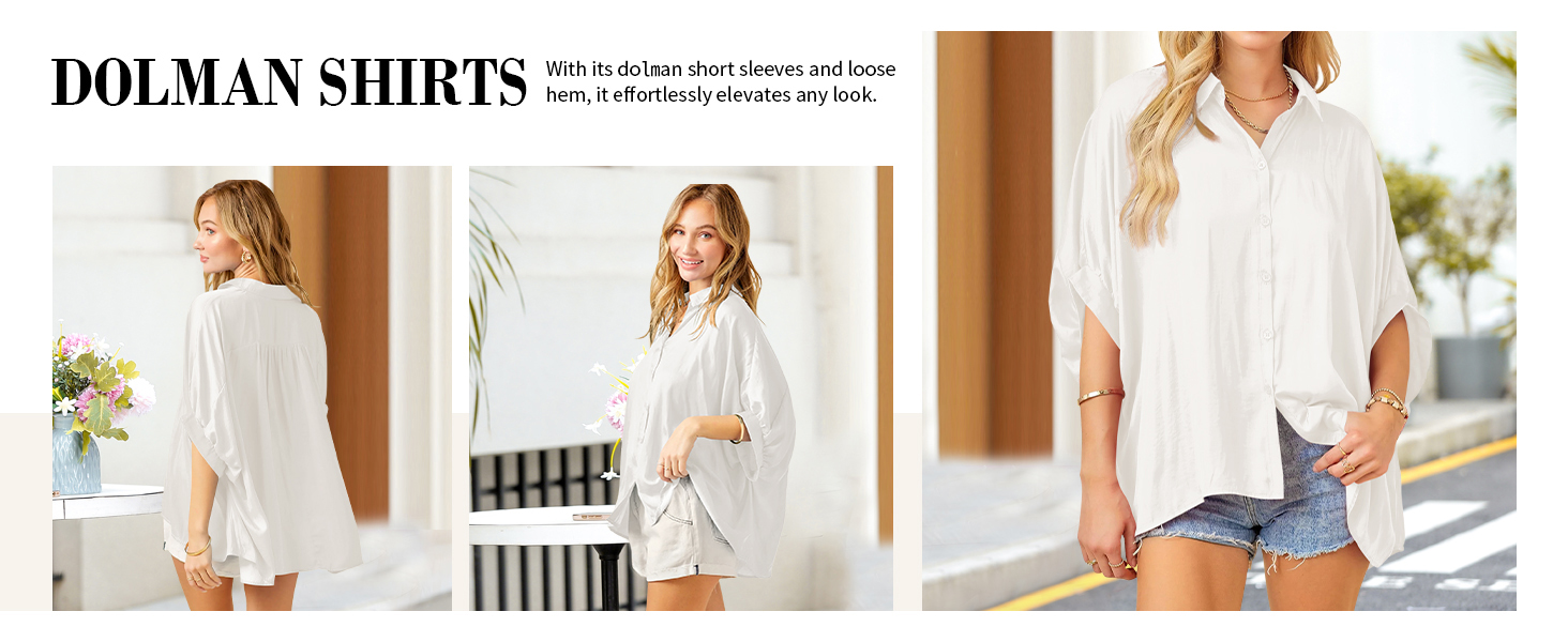 Imily Bela Womens Oversized Button Down Shirt Silk Dolman Short Sleeve Dressy Casual Blouse Tops