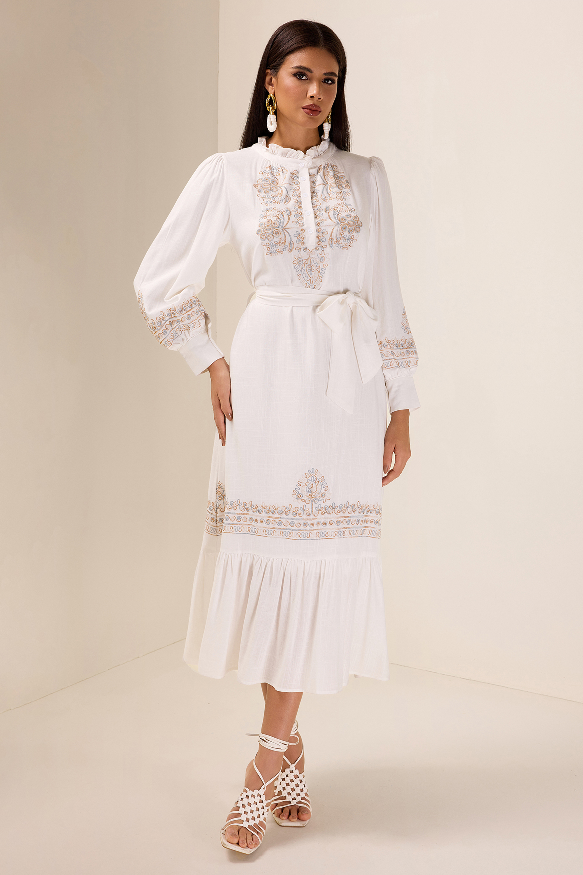 Embroidered Lace-Up Lantern Sleeve Midi Dress