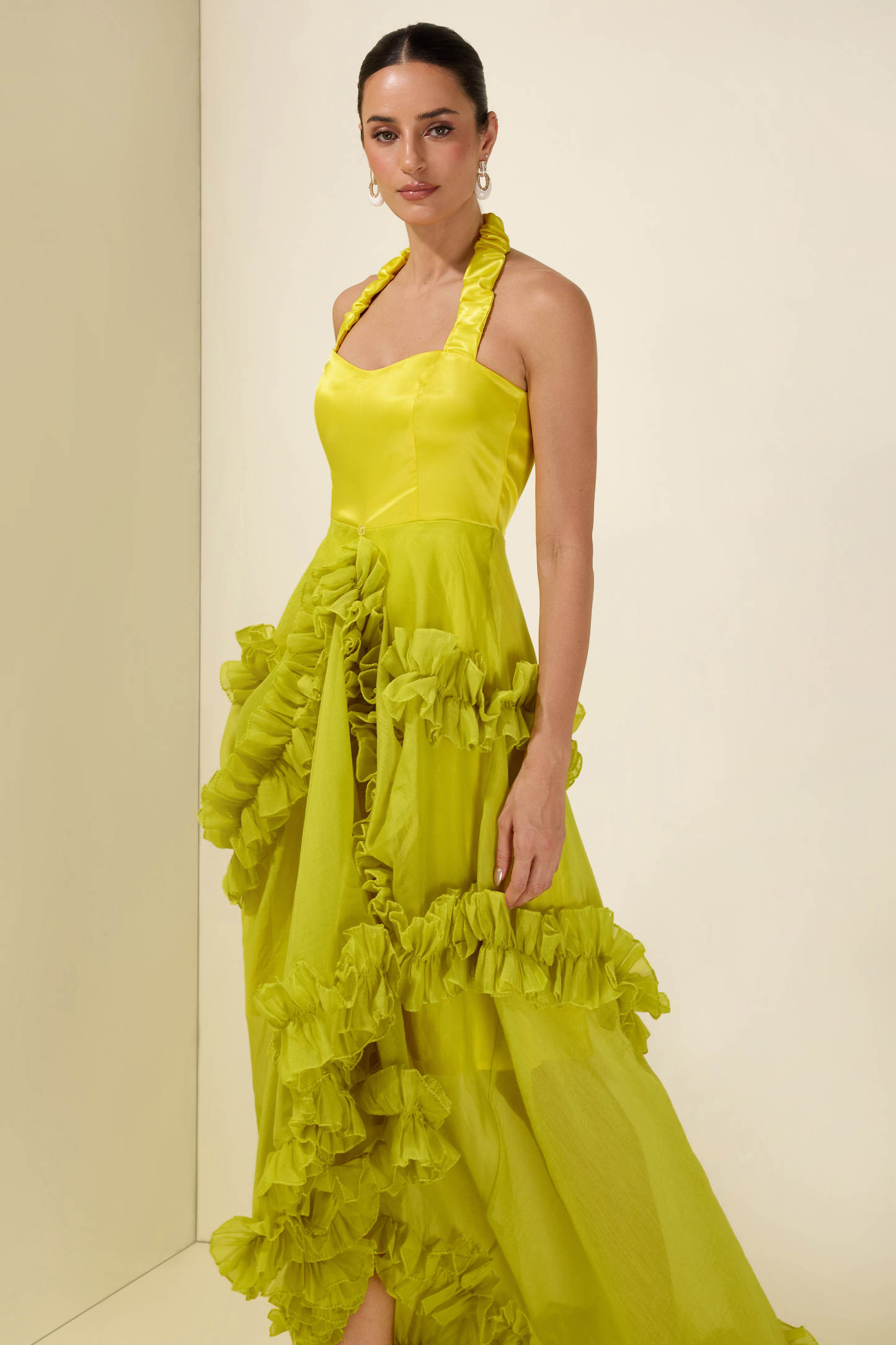Satin Frill Halter Neck Midi Dress