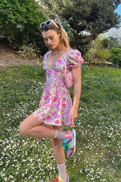 Backless Short-Sleeved Floral Dress Pink