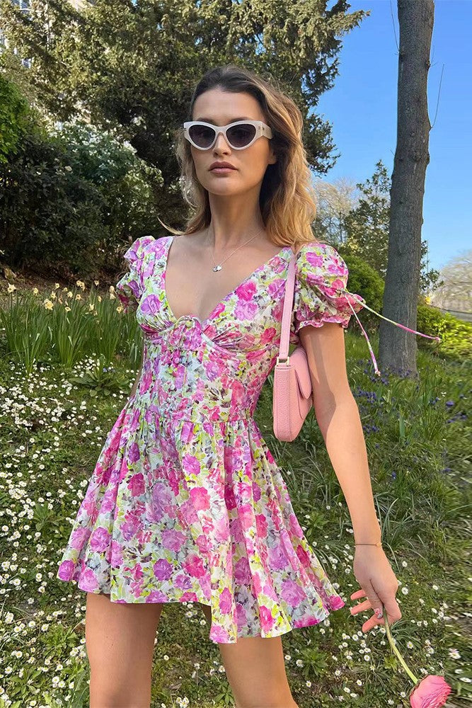 Backless Short-Sleeved Floral Dress Pink