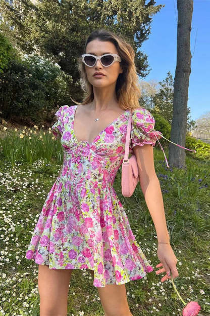 Backless Short-Sleeved Floral Dress Pink