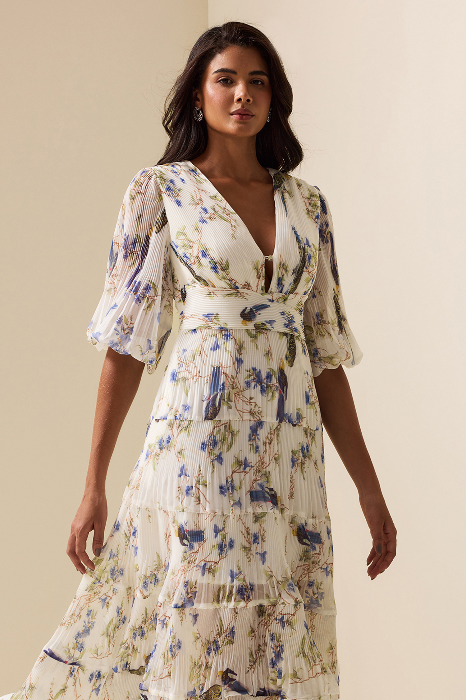 Belted Pleated Printed Chiffon Midi Dress