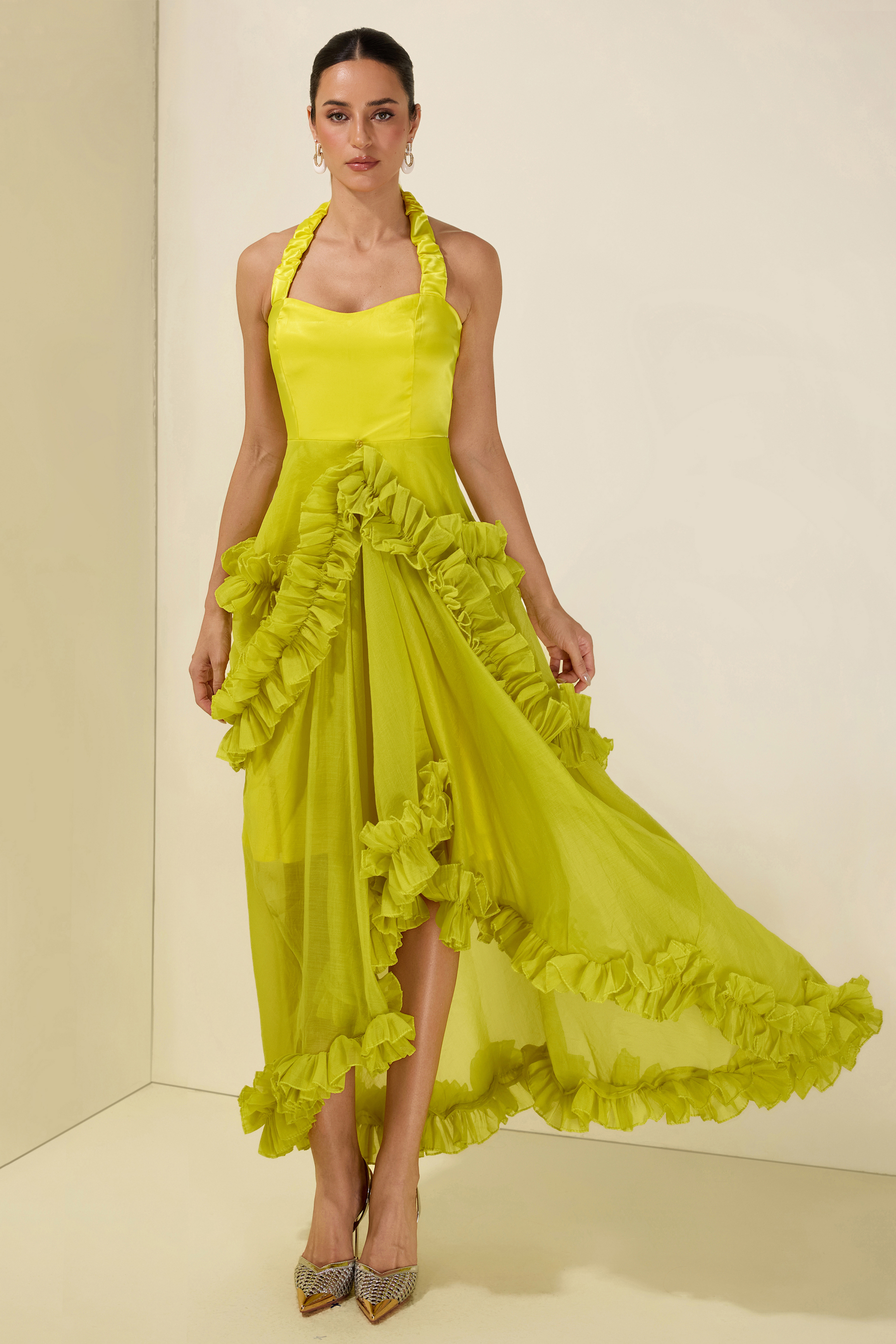 Satin Frill Halter Neck Midi Dress