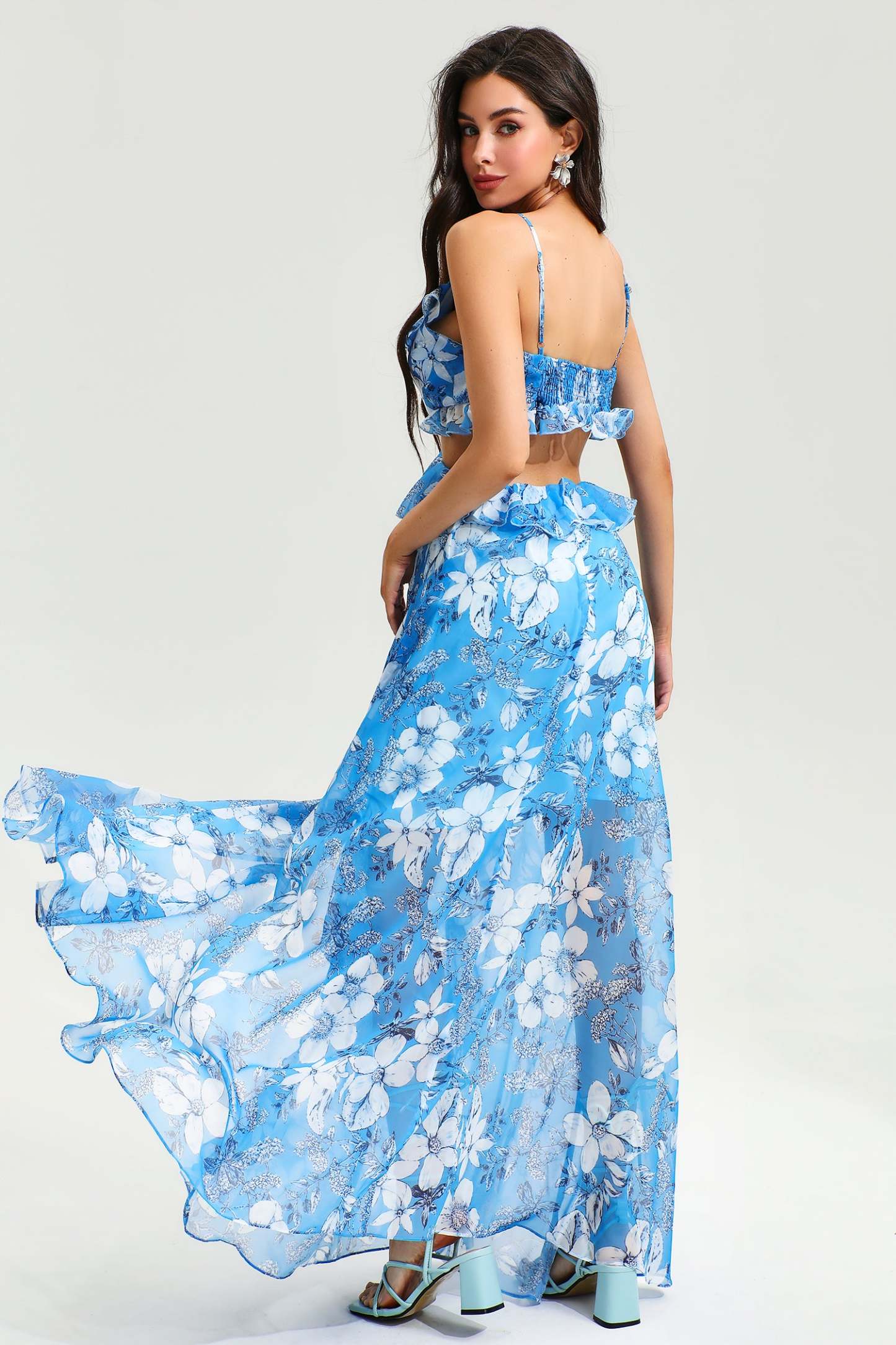 Floral Cut Out Ruffle Hem Cami Maxi Dress Blue