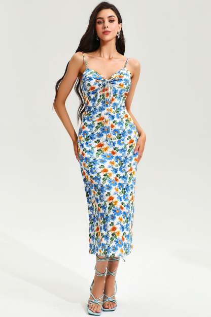 Floral Lace Up Trim Cami Midi Dress