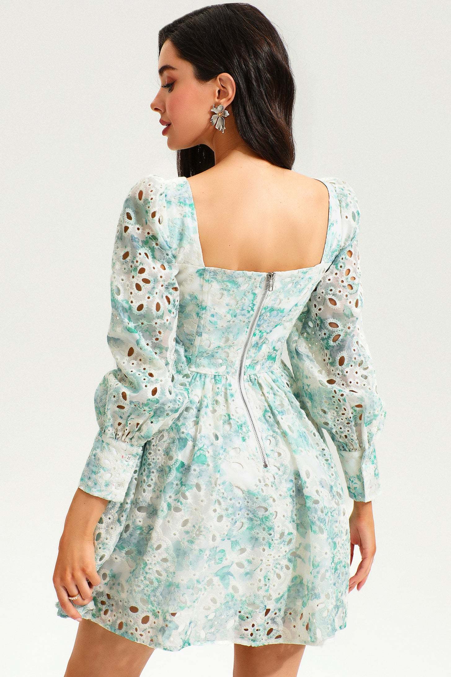 Floral Puff Long Sleeve Ruffle Mini Dress