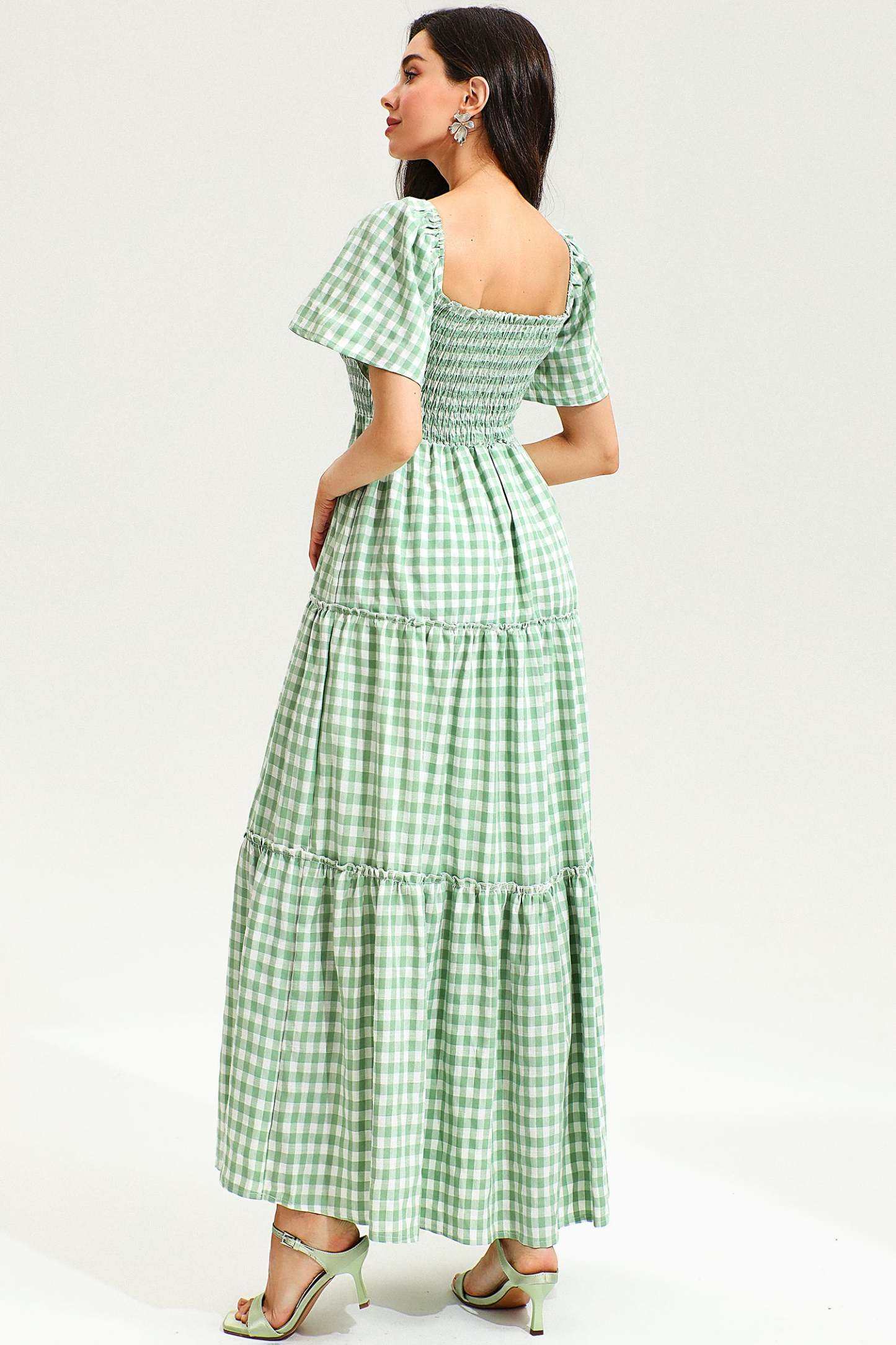 Puff Sleeve Square Collar Lattice Midi Dress Green