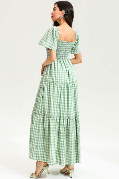 Puff Sleeve Square Collar Lattice Midi Dress Green
