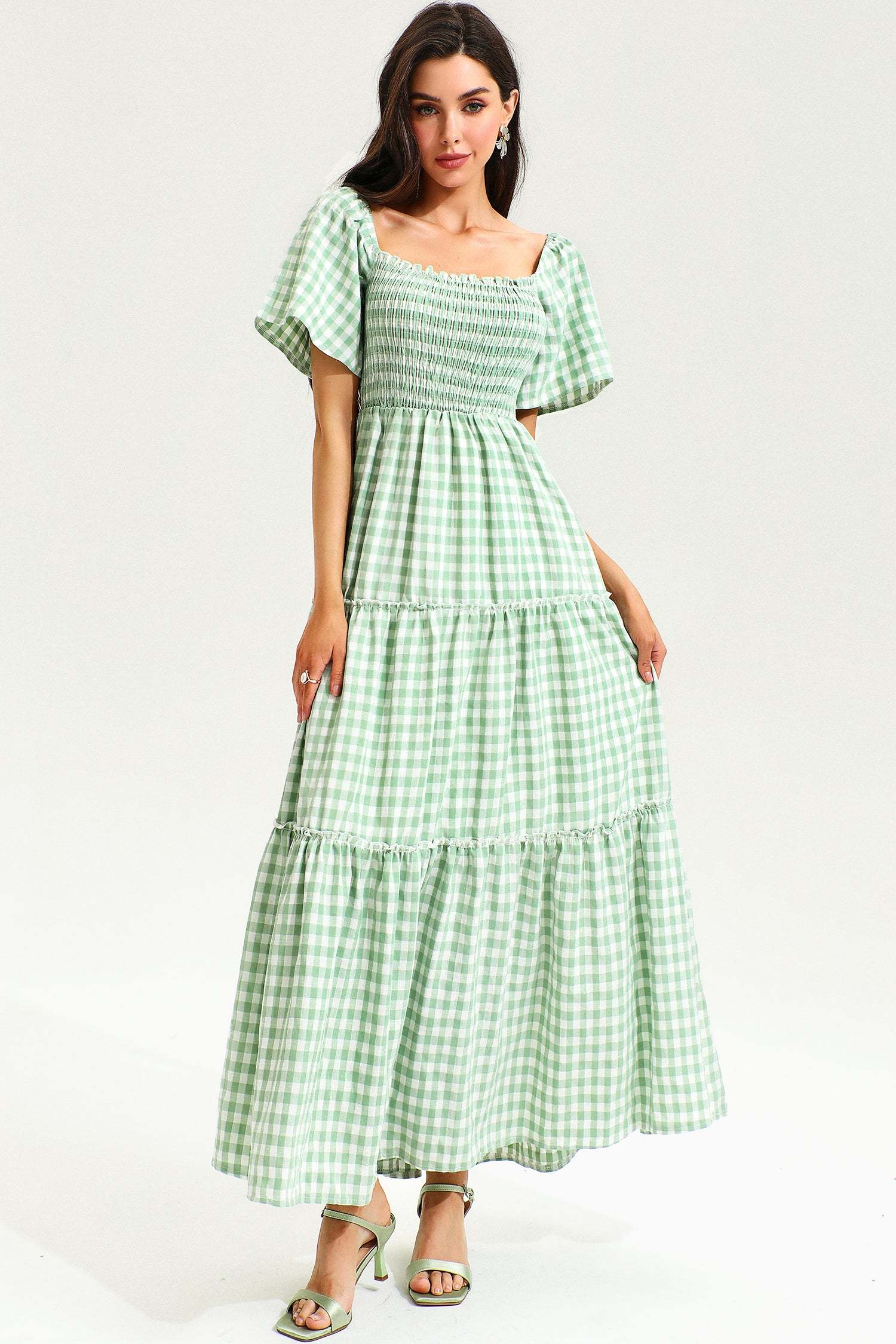 Puff Sleeve Square Collar Lattice Midi Dress Green