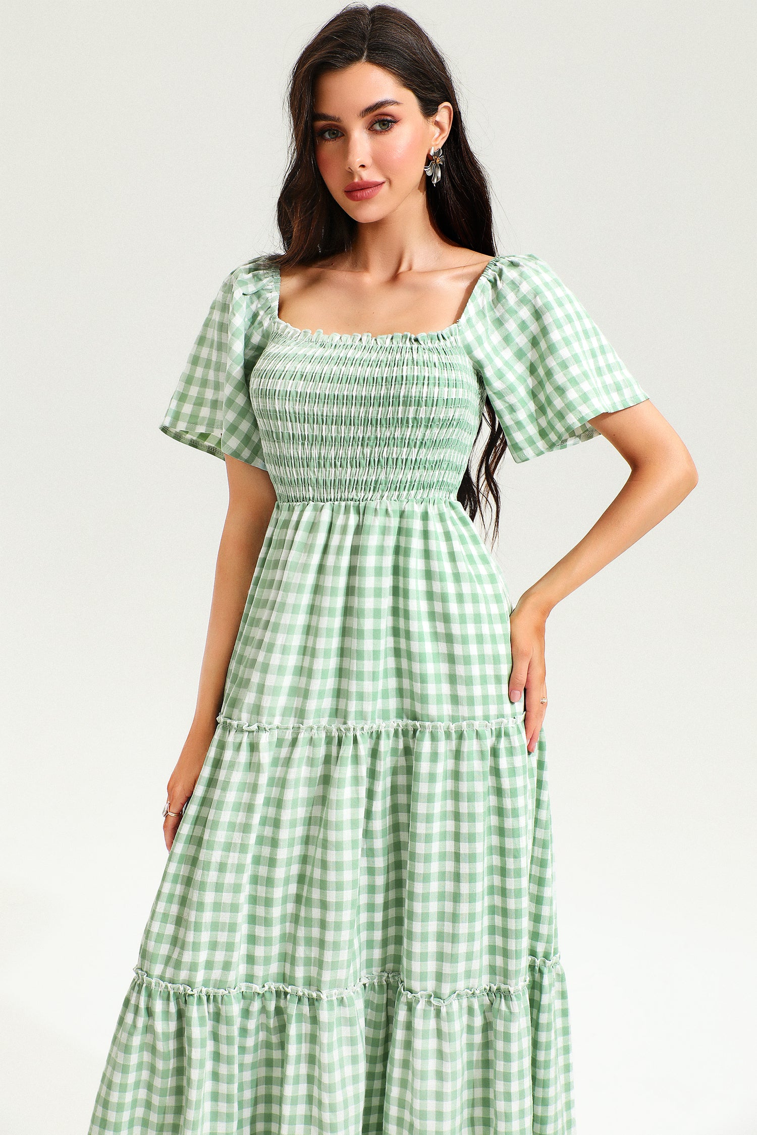 Puff Sleeve Square Collar Lattice Midi Dress Green