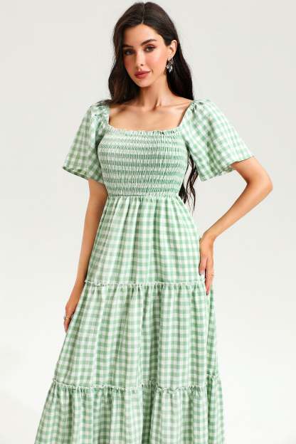 Puff Sleeve Square Collar Lattice Midi Dress Green