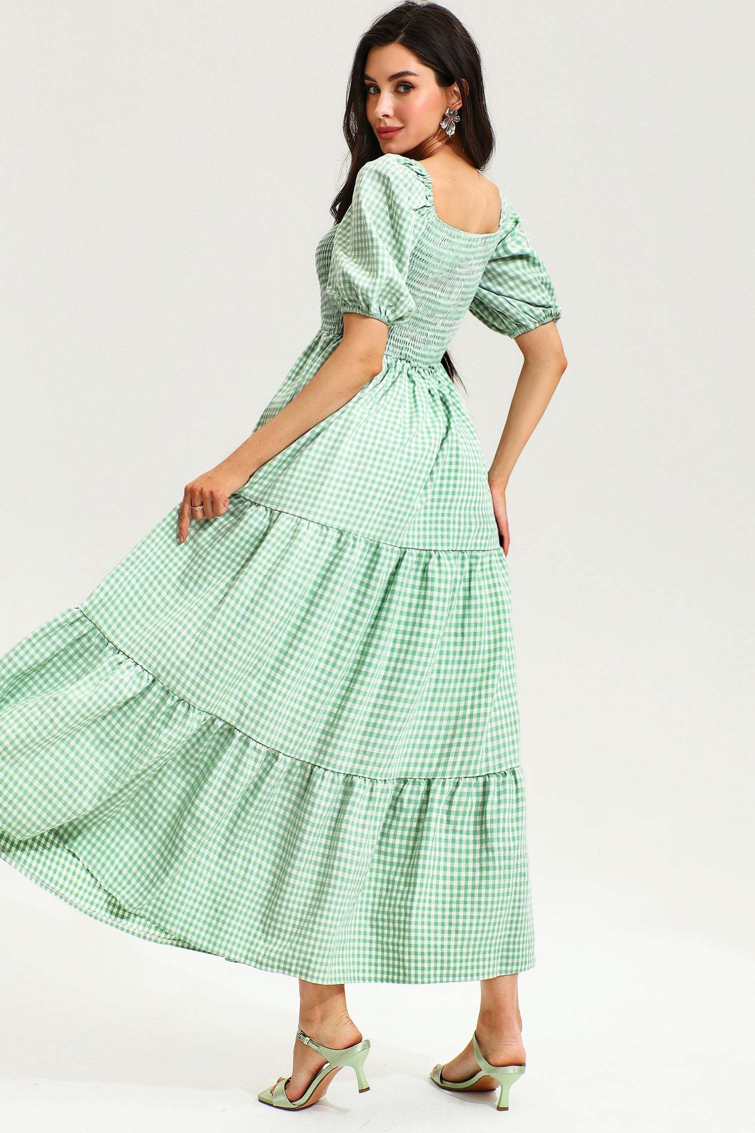 Lattice Short Sleeve Square Collar Smocked Elastic Midi Dress