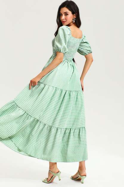 Lattice Short Sleeve Square Collar Smocked Elastic Midi Dress
