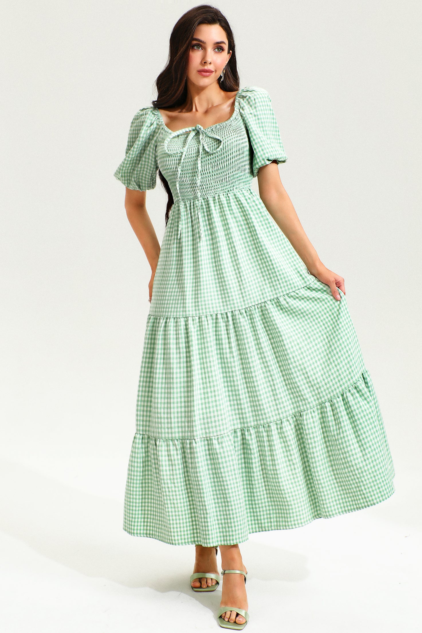 Lattice Short Sleeve Square Collar Smocked Elastic Midi Dress