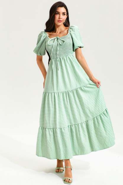 Lattice Short Sleeve Square Collar Smocked Elastic Midi Dress
