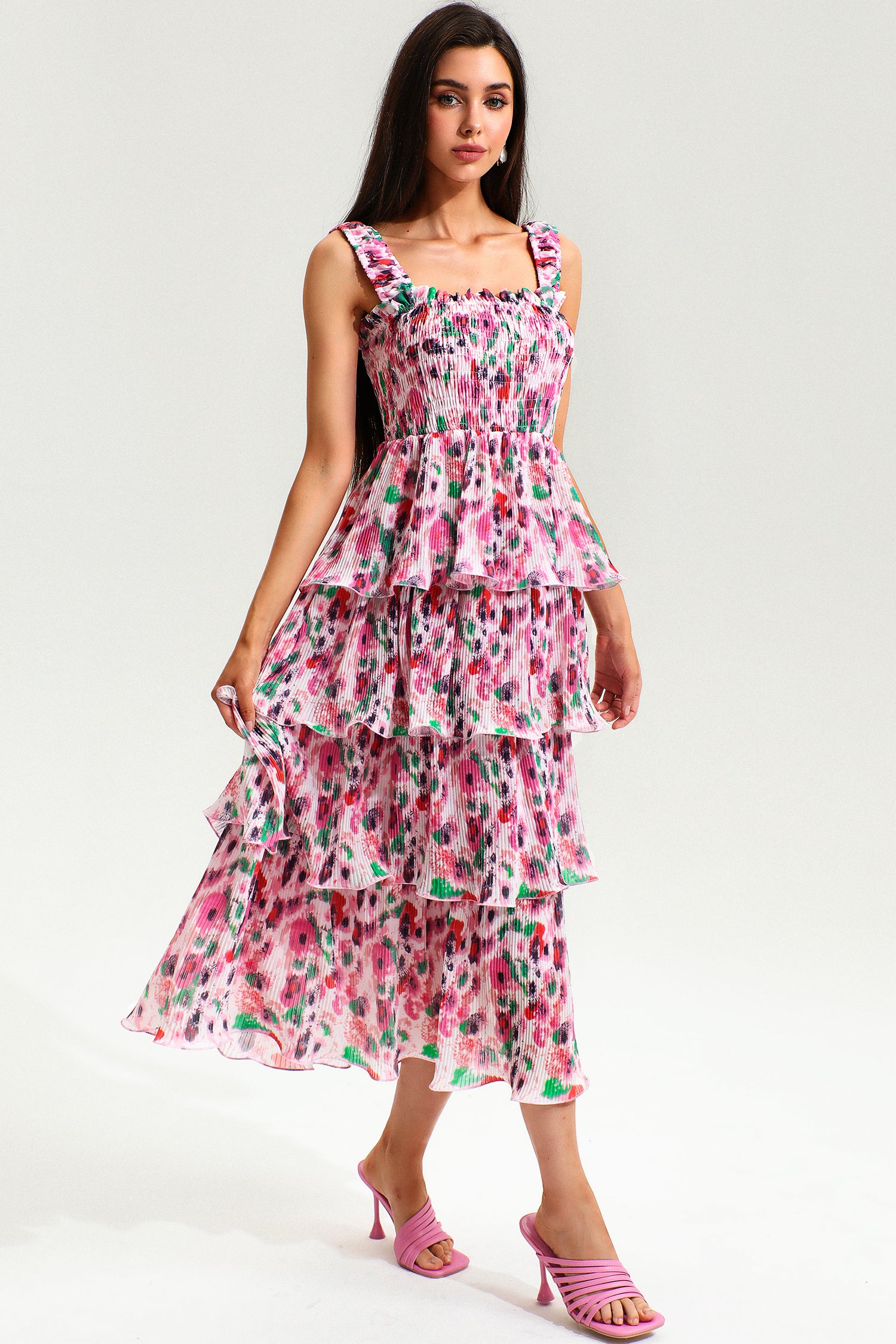 Floral Cami Backless Tiered Ruffle Hem Maxi Dress