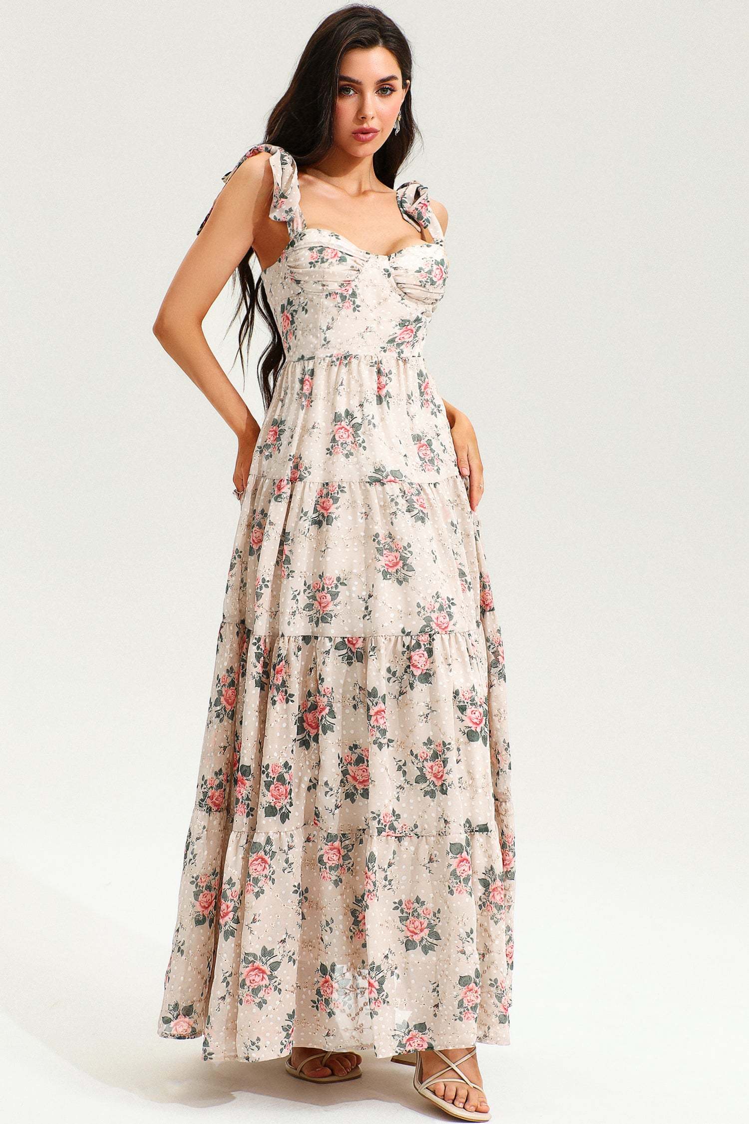 Floral Corset Backless Lace Up Maxi Dress Beige