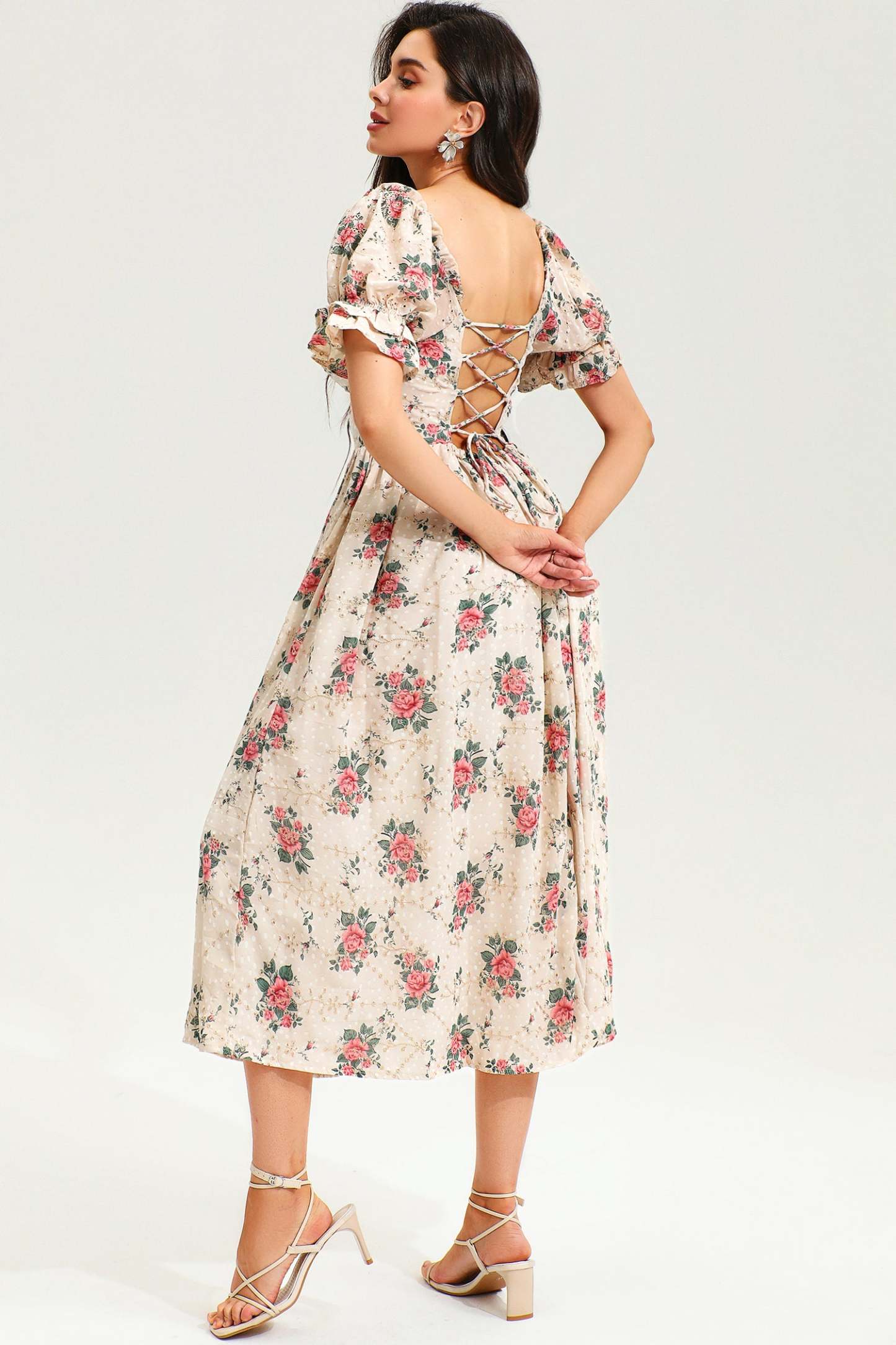 Floral Puff Sleeve Corset Backless Lace Up Slit Midi Dress Pink