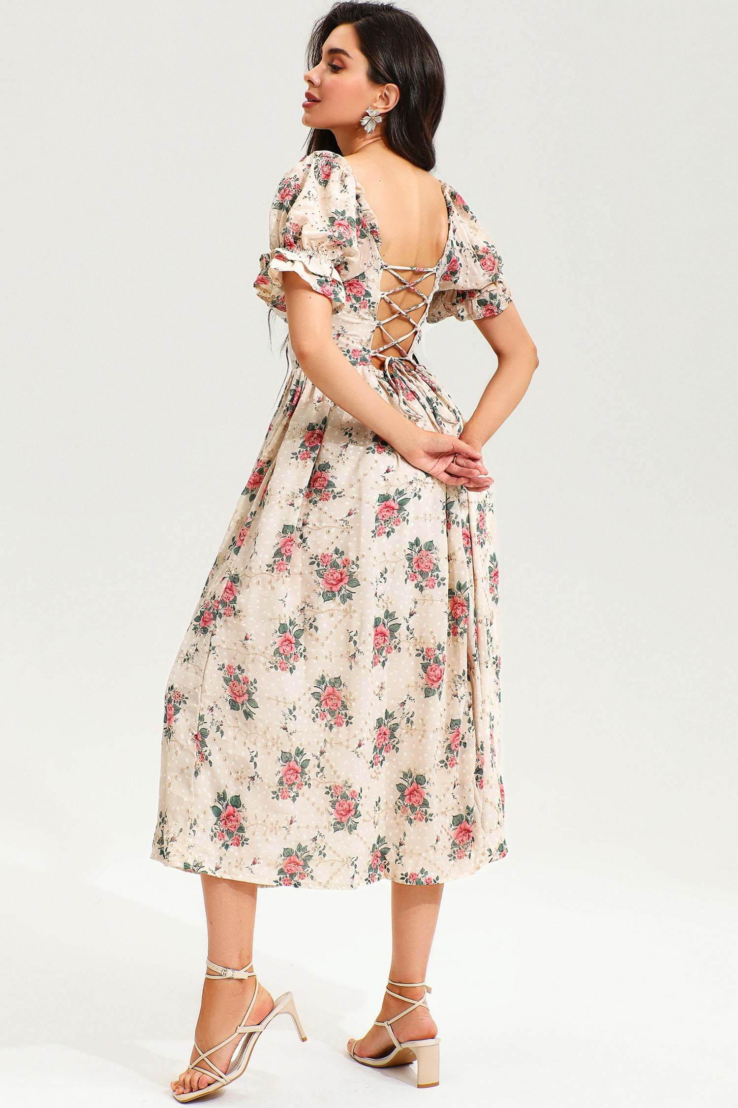 Floral Puff Sleeve Corset Backless Lace Up Slit Midi Dress Pink