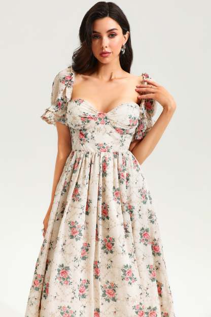 Floral Puff Sleeve Corset Backless Lace Up Slit Midi Dress Pink