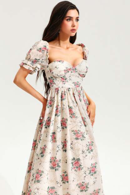 Floral Puff Sleeve Corset Backless Lace Up Slit Midi Dress Pink