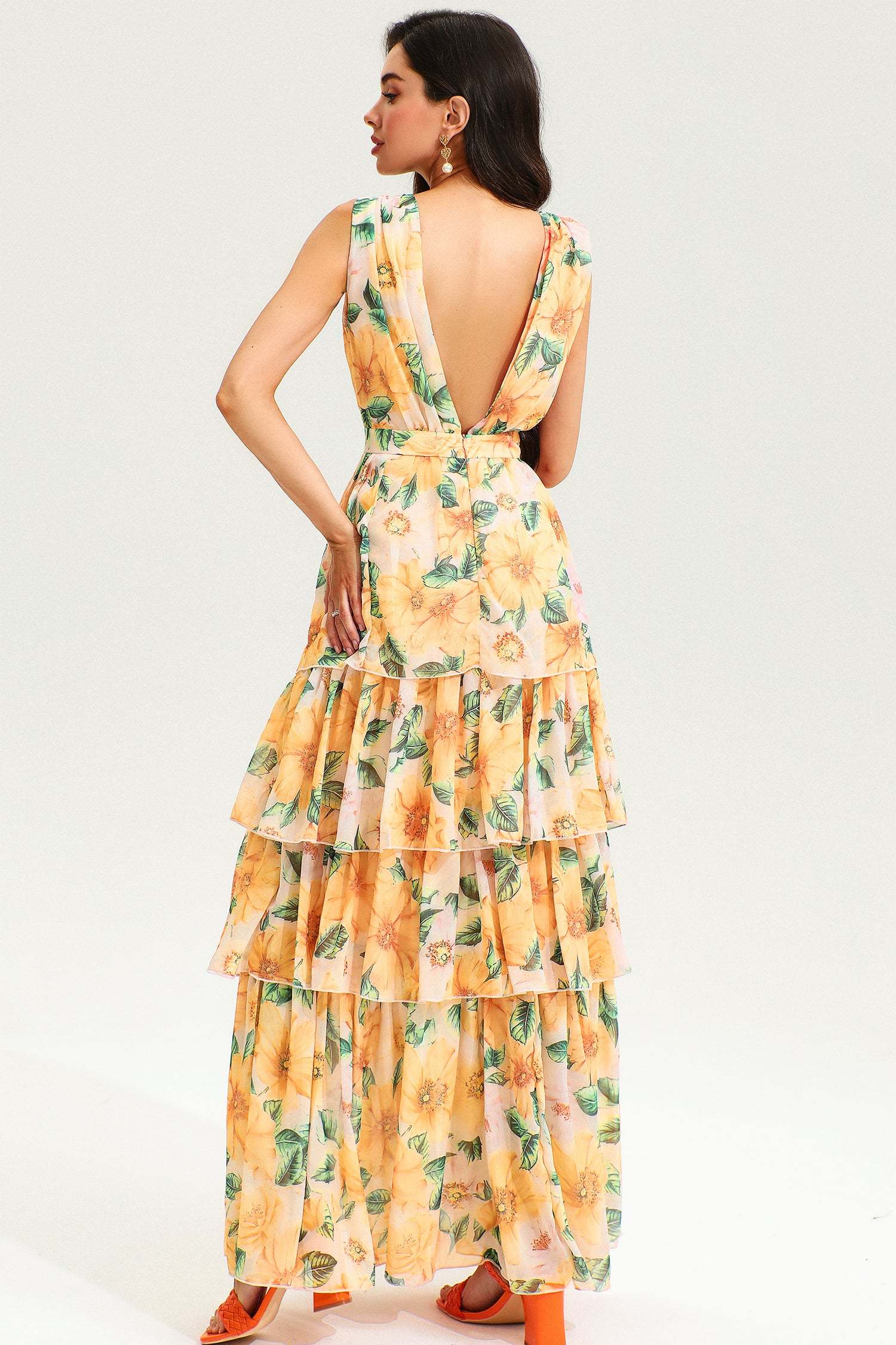 Floral Backless Sleeveless Tiered Hem Maxi Dress